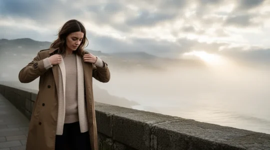 Mujer ajustando su atuendo por capas en un paisaje costero del norte de España con clima variable