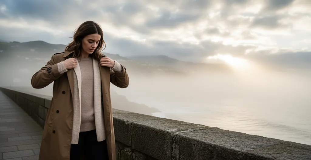 Mujer ajustando su atuendo por capas en un paisaje costero del norte de España con clima variable