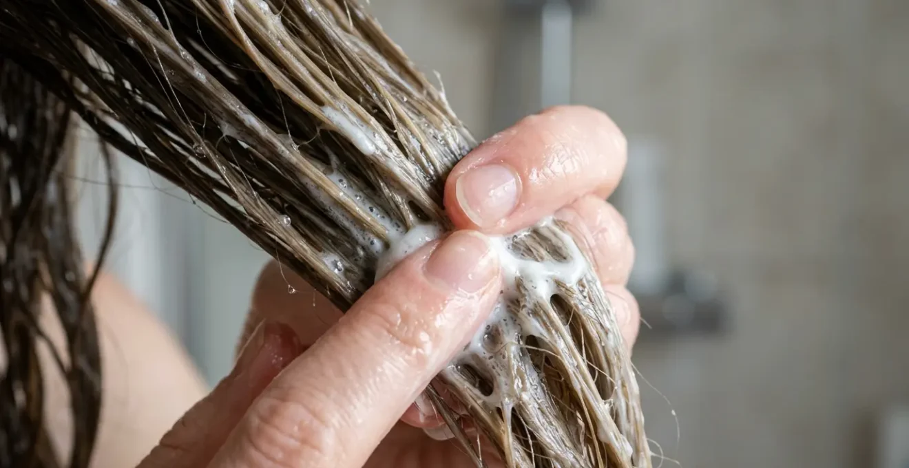 Mujer aplicando acondicionador con técnica de estrujado en cabello húmedo
