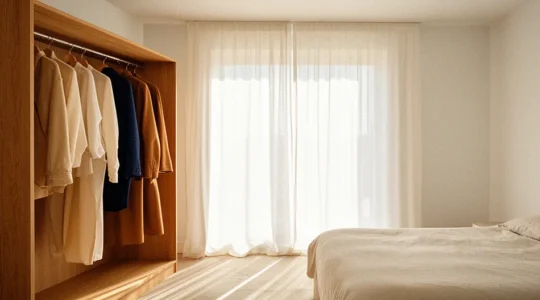 Composición elegante de prendas de temporada organizadas minimalísticamente con accesorios españoles