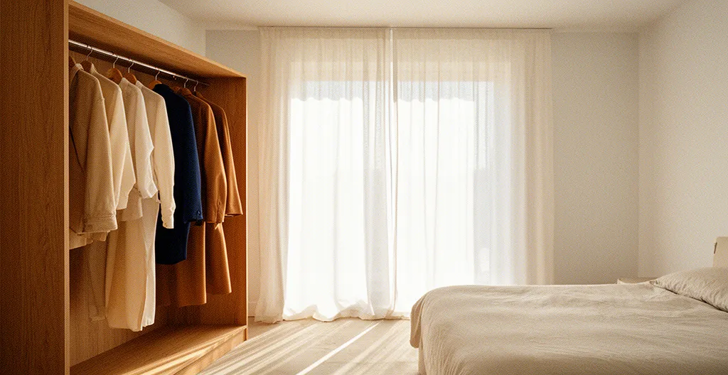 Composición elegante de prendas de temporada organizadas minimalísticamente con accesorios españoles