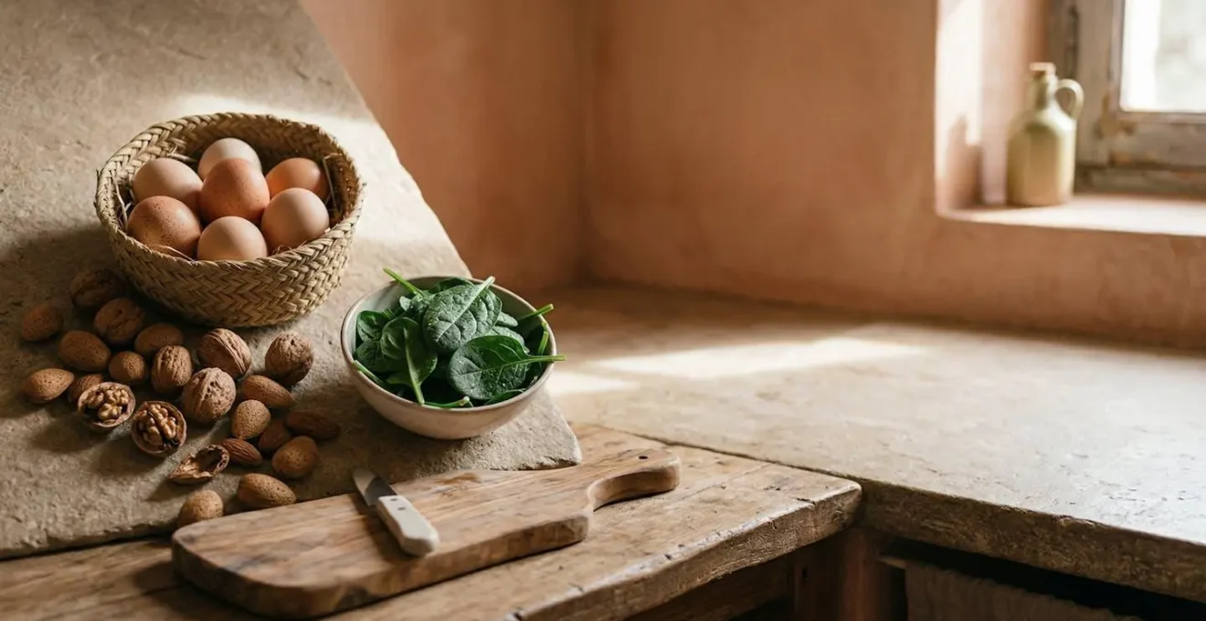 Mesa con alimentos ricos en biotina: huevos, nueces y verduras verdes dispuestos de forma artística