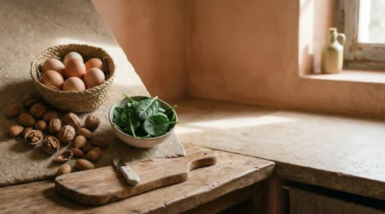 Mesa con alimentos ricos en biotina: huevos, nueces y verduras verdes dispuestos de forma artística