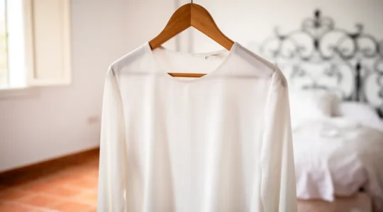 Blusa de seda blanca perfectamente planchada colgada en percha de madera con luz natural