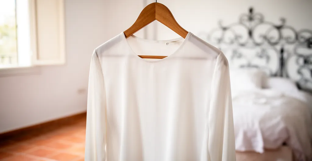 Blusa de seda blanca perfectamente planchada colgada en percha de madera con luz natural