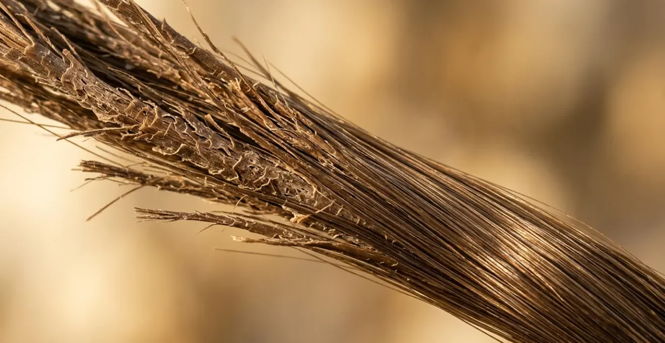 Detalle macro de hebras de cabello mostrando texturas dañadas y saludables bajo luz dorada