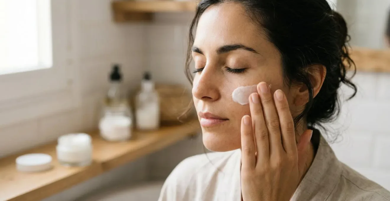 Rostro sereno de mujer con piel calmada aplicando suavemente crema hidratante