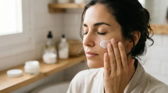 Rostro sereno de mujer con piel calmada aplicando suavemente crema hidratante