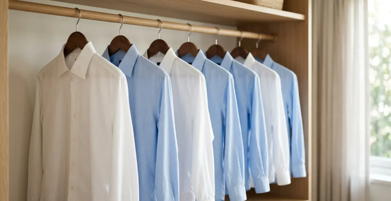 Camisas blancas y azules colgadas perfectamente en perchas de madera en un armario iluminado con luz natural