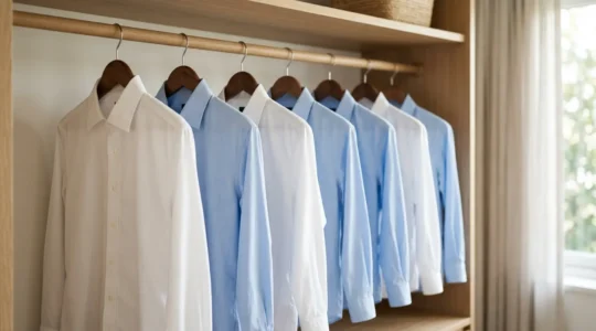 Camisas blancas y azules colgadas perfectamente en perchas de madera en un armario iluminado con luz natural