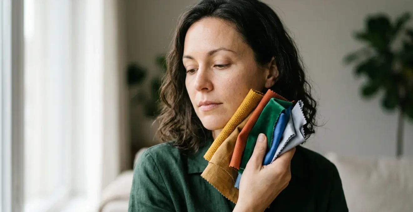 Mujer comparando colores de telas junto a su rostro para analizar su colorimetría personal