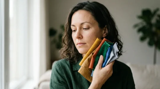 Mujer comparando colores de telas junto a su rostro para analizar su colorimetría personal