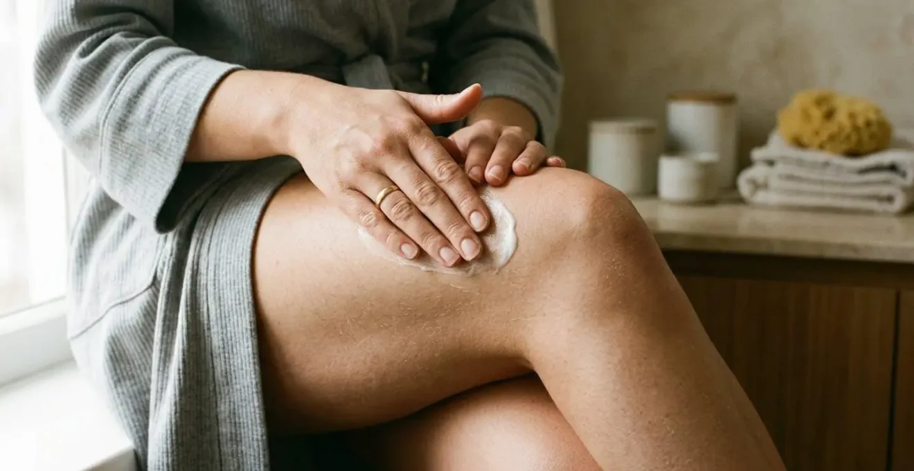 Mujer aplicando crema anticelulítica con masaje en piernas en ambiente doméstico luminoso