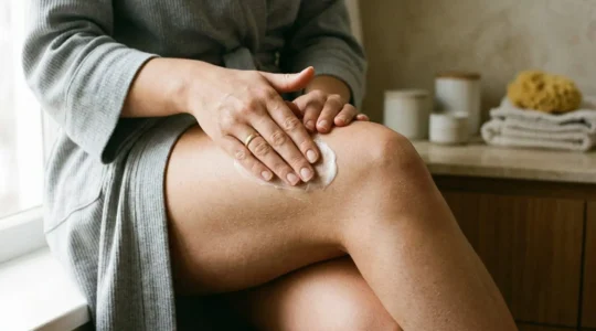 Mujer aplicando crema anticelulítica con masaje en piernas en ambiente doméstico luminoso