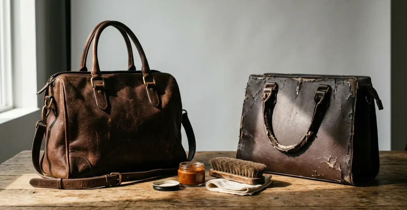 Comparación visual entre bolso de piel auténtica con pátina natural y bolso sintético con defectos