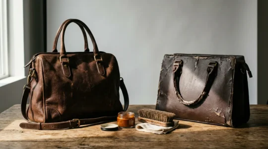 Comparación visual entre bolso de piel auténtica con pátina natural y bolso sintético con defectos