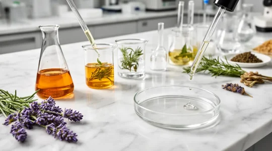 Laboratorio de análisis cosméticos con pipetas, frascos de vidrio y documentos de regulación europea