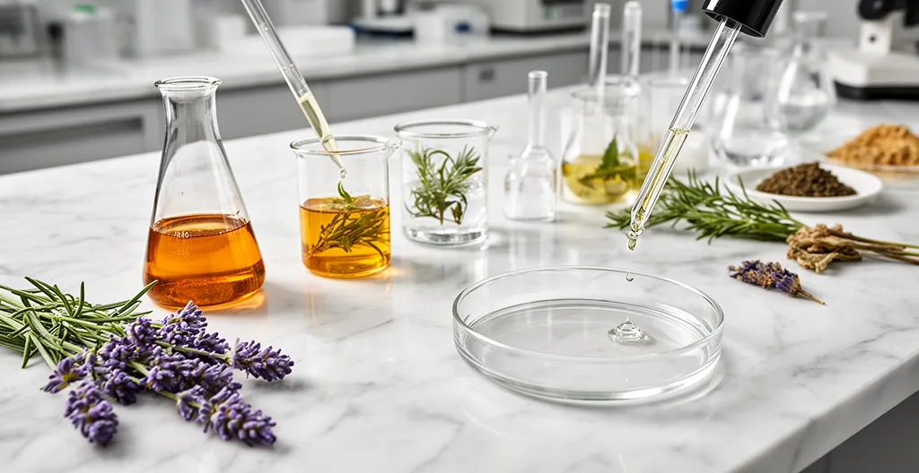 Laboratorio de análisis cosméticos con pipetas, frascos de vidrio y documentos de regulación europea