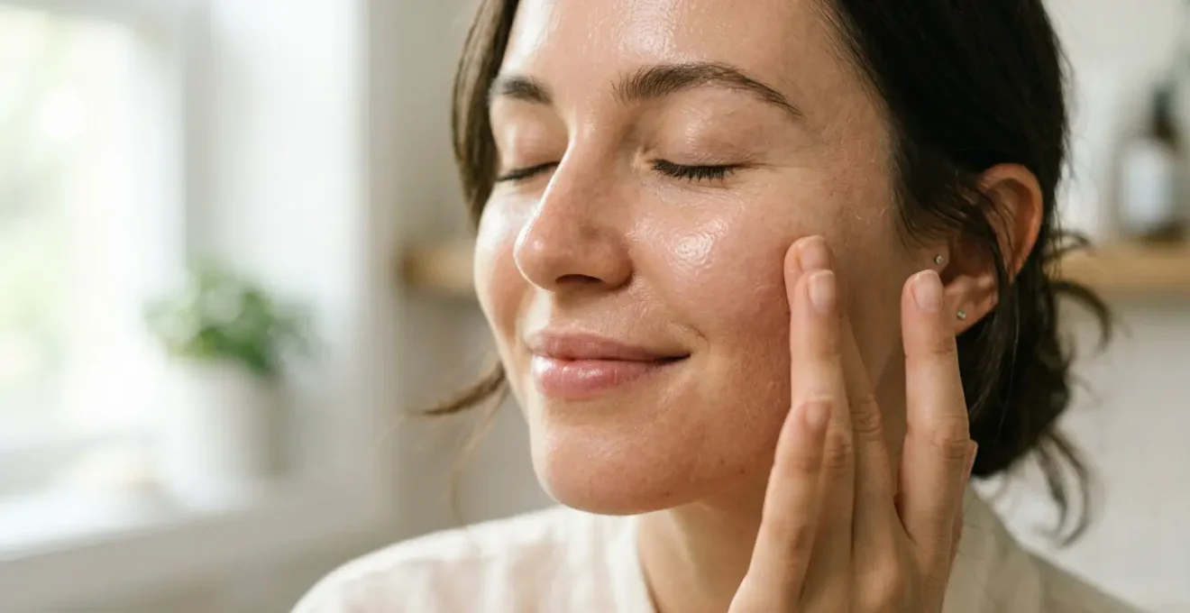 Mujer joven aplicando sérum antiedad con técnica de presión suave en el rostro