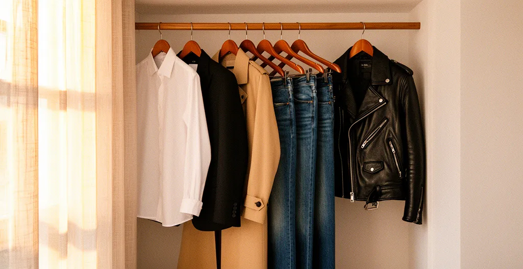 Armario abierto con diez prendas básicas perfectamente organizadas en tonos neutros