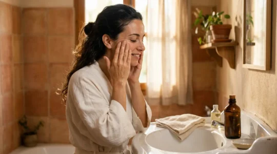 Mujer española realizando ritual de doble limpieza facial en baño mediterráneo