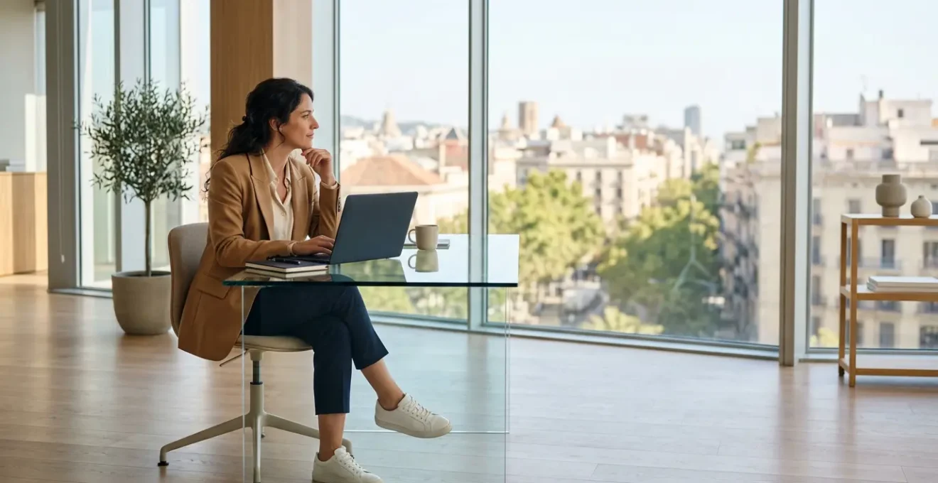 Profesional elegante en oficina moderna vistiendo business casual con blazer estructurado y zapatillas minimalistas