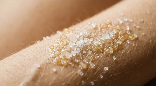 Mujer aplicando exfoliante natural en la piel con movimientos circulares