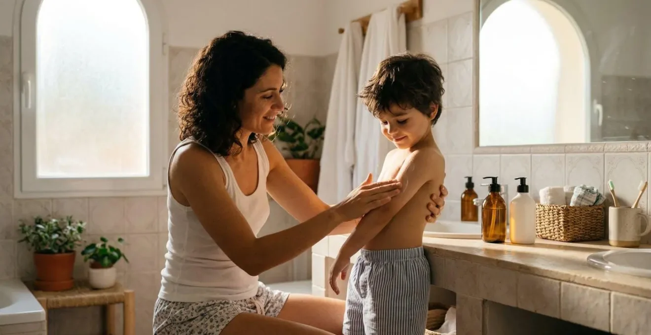 Familia aplicando crema corporal en rutina de hidratación diaria en el baño