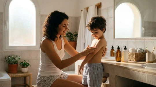 Familia aplicando crema corporal en rutina de hidratación diaria en el baño