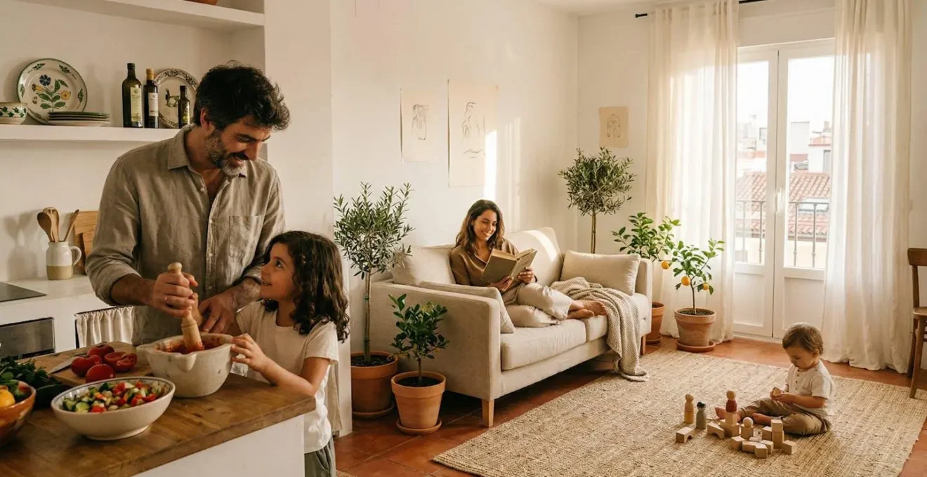 Familia española disfrutando de un momento de calma en casa con luz natural y plantas
