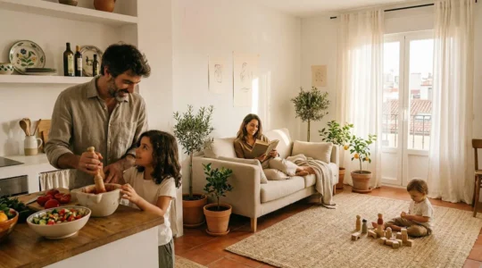 Familia española disfrutando de un momento de calma en casa con luz natural y plantas