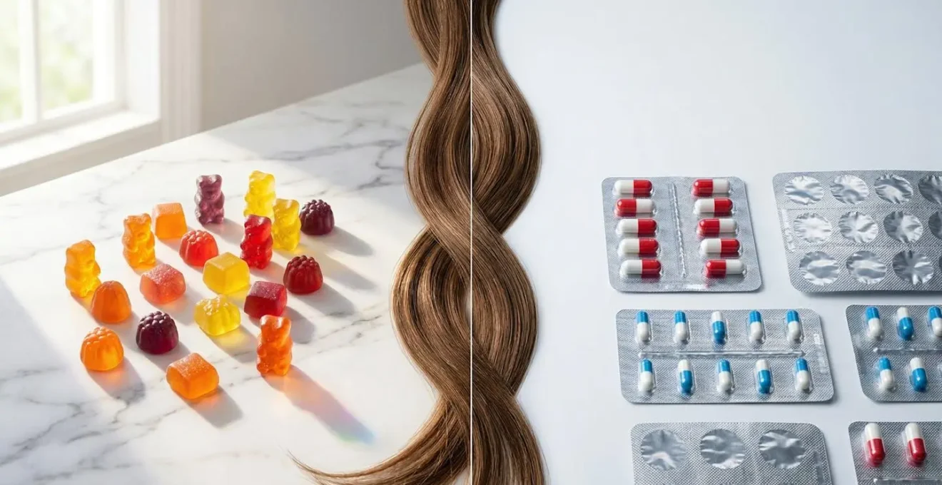 Comparación visual entre gominolas coloridas de vitaminas y cápsulas de farmacia para el cabello