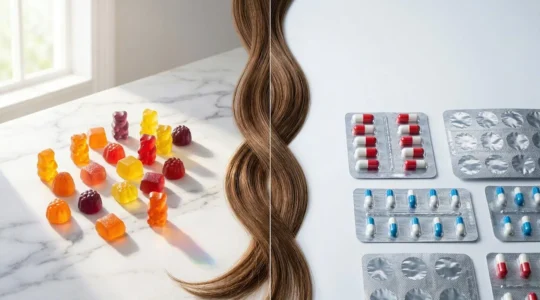 Comparación visual entre gominolas coloridas de vitaminas y cápsulas de farmacia para el cabello