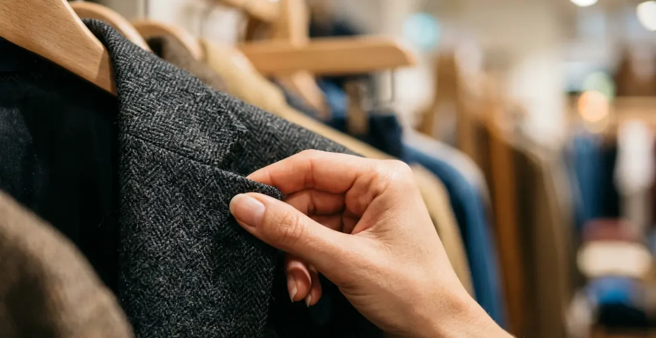 Mano experta tocando la textura de una prenda en tienda para evaluar su calidad, con enfoque en los detalles del tejido