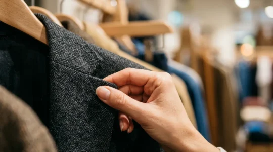 Mano experta tocando la textura de una prenda en tienda para evaluar su calidad, con enfoque en los detalles del tejido