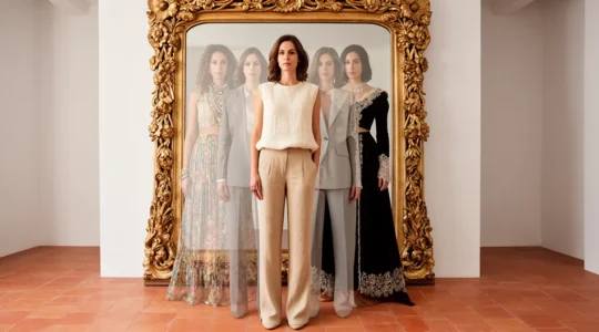 Mujer reflejándose en espejo con diferentes estilos de moda superpuestos