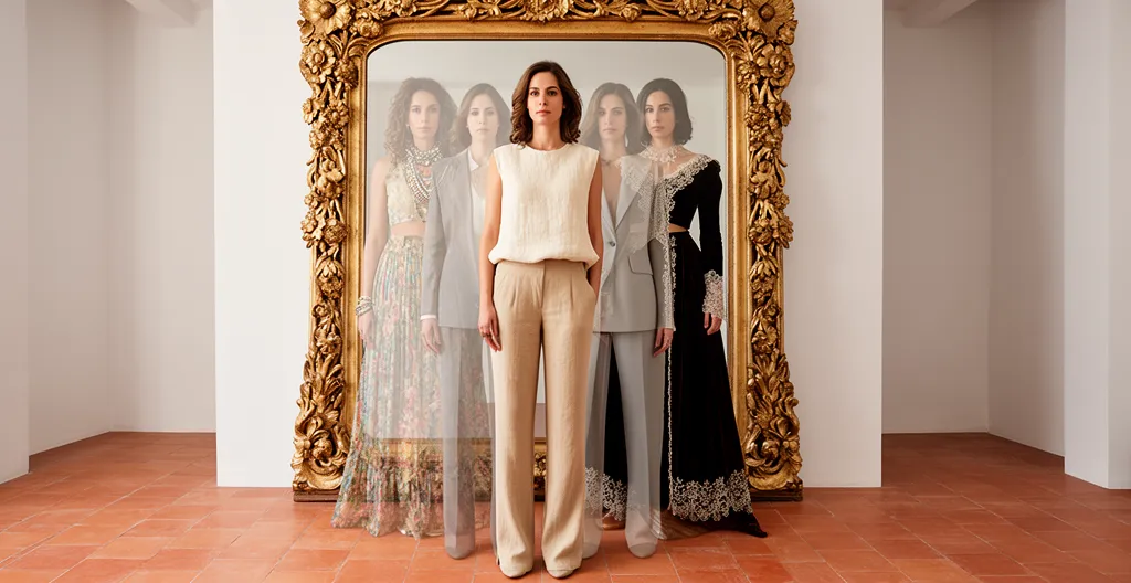 Mujer reflejándose en espejo con diferentes estilos de moda superpuestos