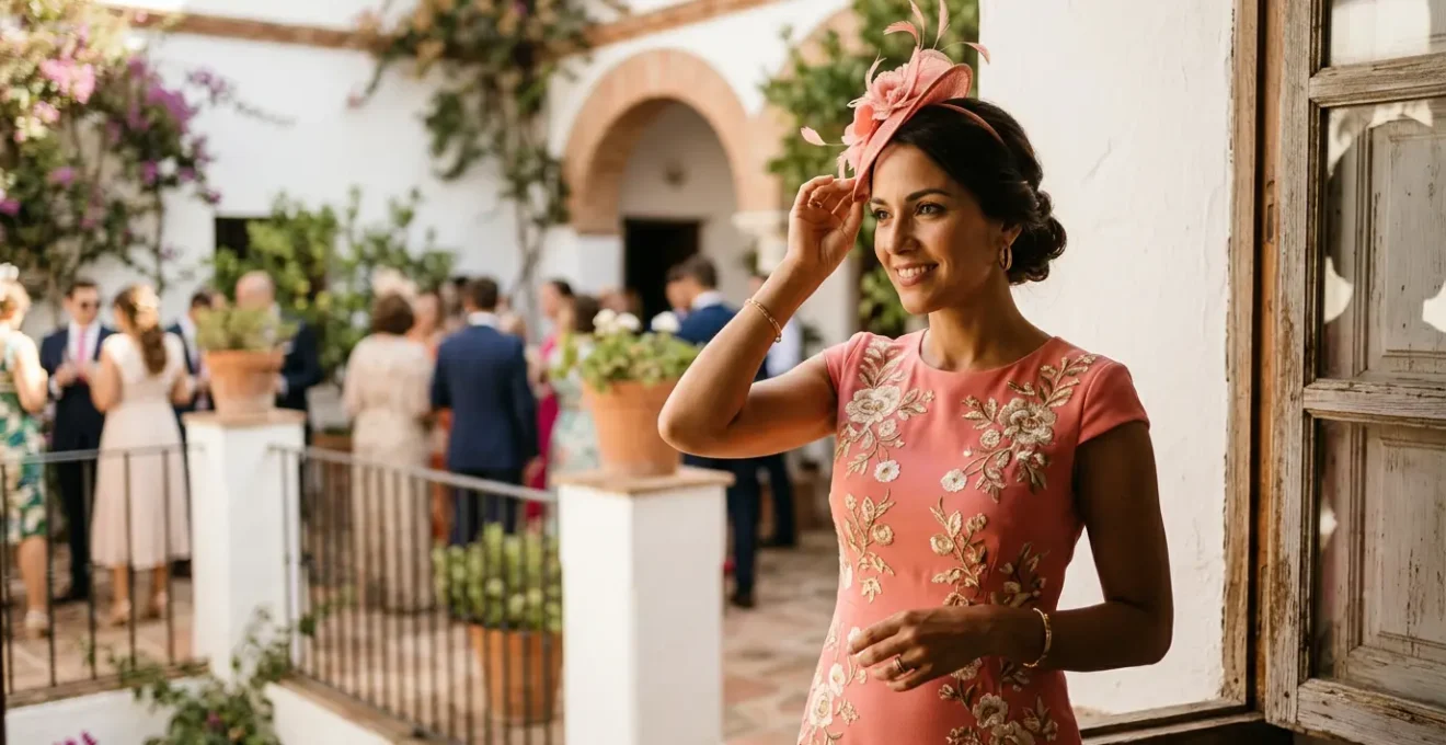 Invitada elegante con vestido midi y tocado en ceremonia de boda española de día