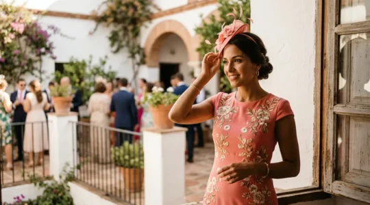 Invitada elegante con vestido midi y tocado en ceremonia de boda española de día