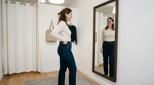 Mujer probándose jeans perfectamente ajustados que realzan su figura