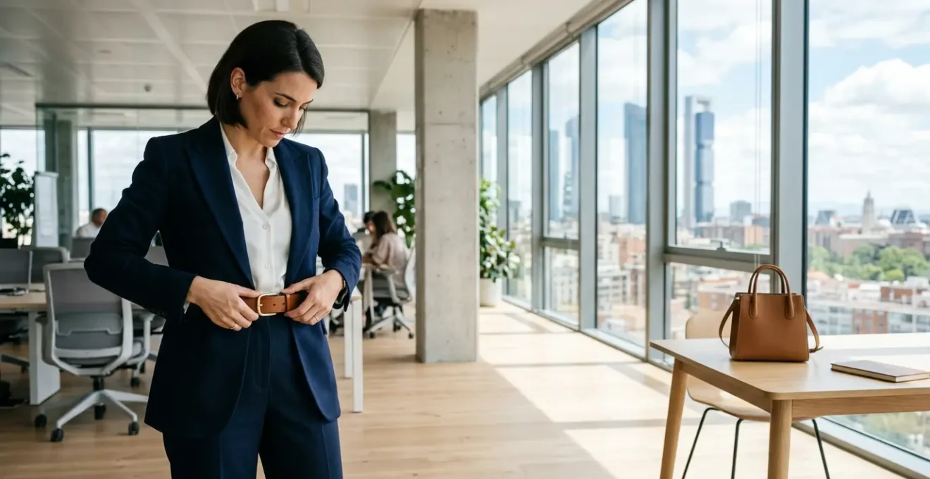 Mujer profesional ajustando cinturón sobre blazer en oficina moderna española