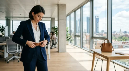 Mujer profesional ajustando cinturón sobre blazer en oficina moderna española