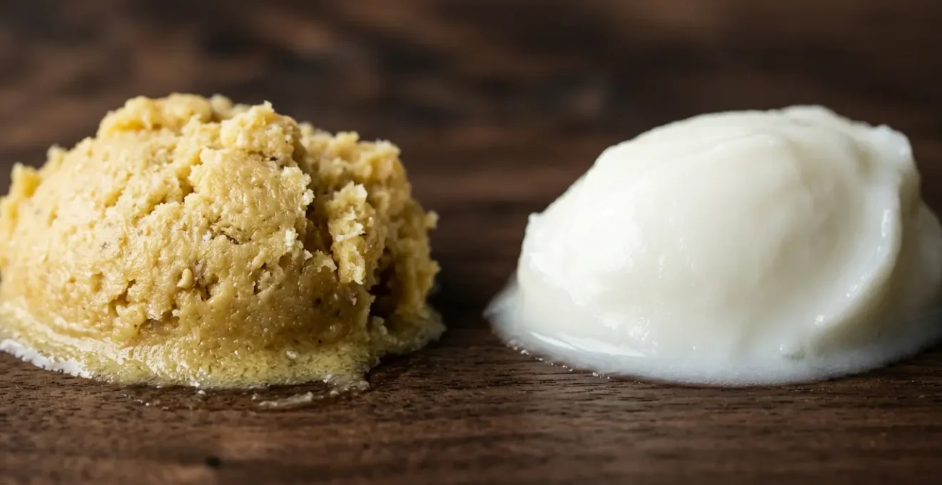 Comparación visual entre manteca de karité pura amarilla y procesada blanca