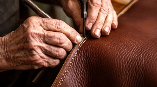Artesano español trabajando en un bolso de piel en taller tradicional con luz natural