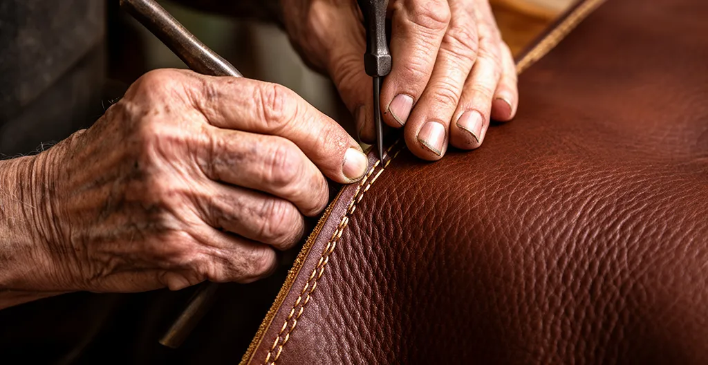 Artesano español trabajando en un bolso de piel en taller tradicional con luz natural