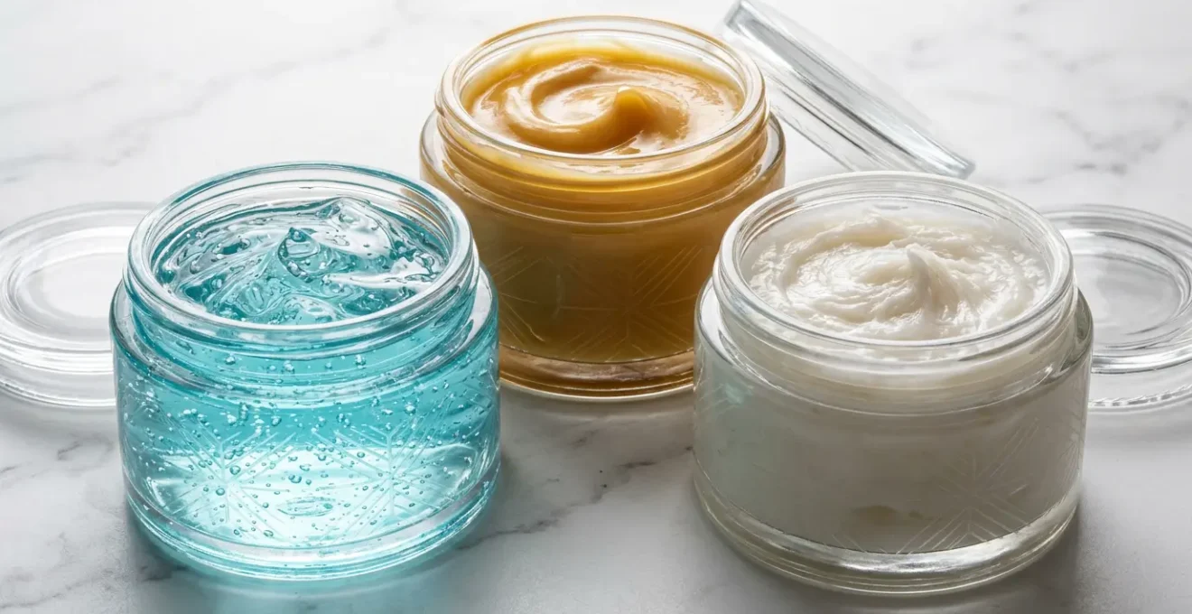 Ilustración de tres texturas de mascarillas capilares mostrando hidratación, nutrición y reconstrucción