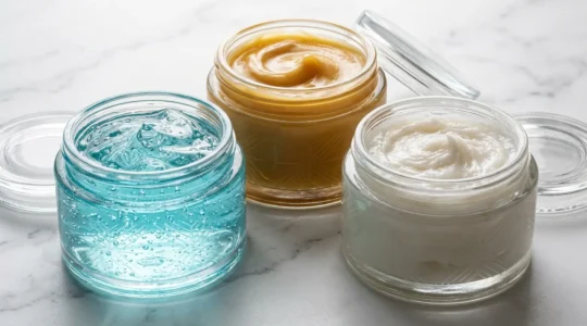 Ilustración de tres texturas de mascarillas capilares mostrando hidratación, nutrición y reconstrucción
