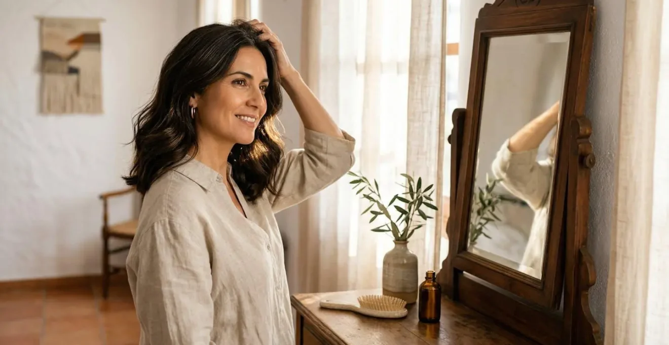 Mujer madura de 45 años acariciando su cabello brillante frente al espejo con luz dorada natural