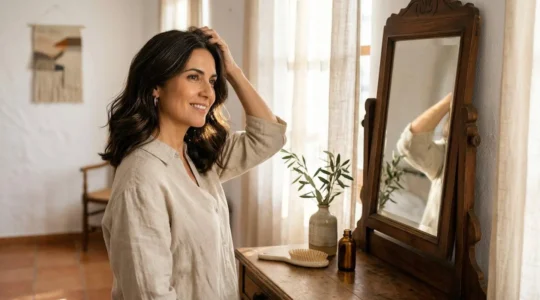 Mujer madura de 45 años acariciando su cabello brillante frente al espejo con luz dorada natural