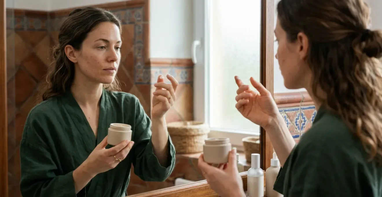Mujer joven observando la textura de una crema hidratante frente al espejo del baño con luz natural suave